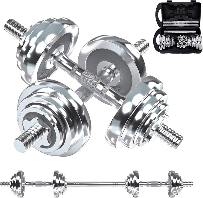 VIVITORY Fitness Dumbbells Set, Adjustable Weight Sets up to 11/22/44/66/100 lbs, with Metal Connecting Rod Used As Barbell, Chromed Weights, Hardcover Gift Box, Home Gym Work Out Training Equipment