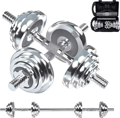 VIVITORY Fitness Dumbbells Set, Adjustable Weight Sets up to 11/22/44/66/100 lbs, with Metal Connecting Rod Used As Barbell, Chromed Weights, Hardcover Gift Box, Home Gym Work Out Training Equipment