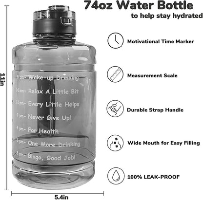 Large Water Bottle with Motivational Time Marker, 74oz Water Jug with Handle Leak-Proof, Clear Sport half gallon water Bottle for Gym Camping Workout Outdoors