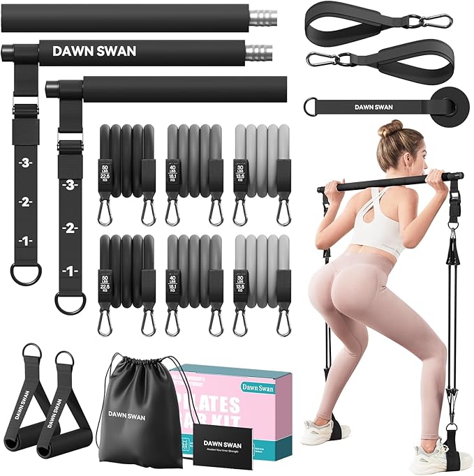 Pilates Bar Kit with Resistance Bands – Adjustable Home Gym Workout Equipment for Women & Men – Portable Pilates Equipment for Squats, Yoga & Full Body Toning