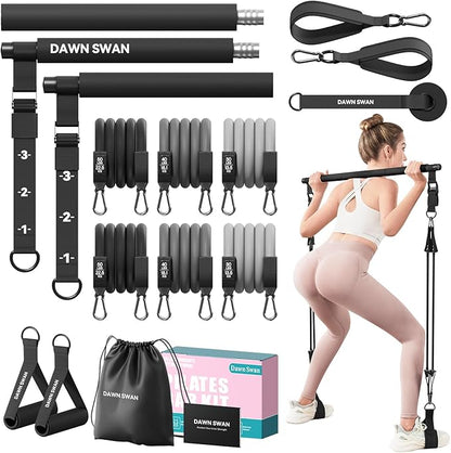 Pilates Bar Kit with Resistance Bands – Adjustable Home Gym Workout Equipment for Women & Men – Portable Pilates Equipment for Squats, Yoga & Full Body Toning