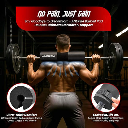 Barbell Pad for Squats & Hip Thrusts – 1.2” Extra-Thick High-Density Foam – Non-Slip Neck & Shoulder Support Cushion – Fits Olympic & Standard Bars – Quick On/Off Design + 2 Securing Straps