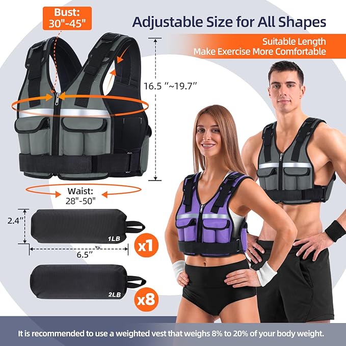 Sportneer Adjustable Weighted Vest Weights: 2-18 lbs/2-40 lbs Washable Weight Vest for Walking 16 In 1 Fast Adjust Rucking Vest for Women and Men Home Gym Running Jogging Strength Training Vests
