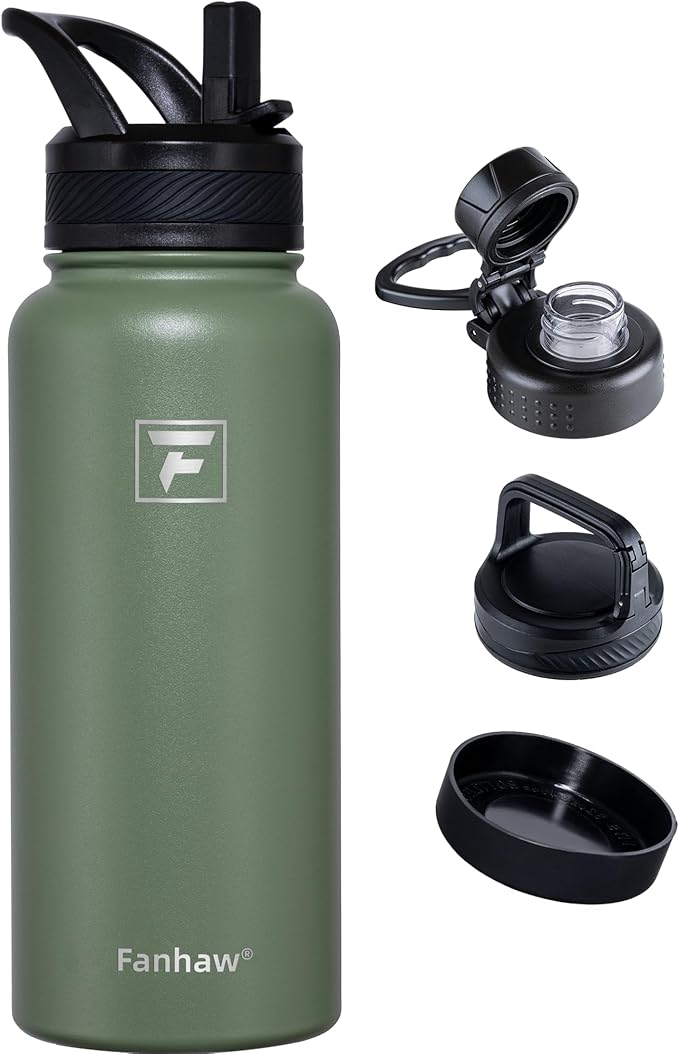 Fanhaw 32 oz Insulated Water Bottle – Portable Stainless Steel Flask with 3 Lids (Straw, Spout, Carabiner) | Leakproof, for Gym, Hiking, Work, Travel & Everyday Use (Olive Green)