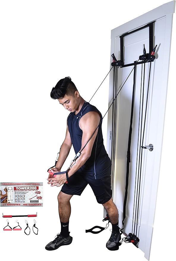 Complete Door Gym Full Body Workout | Home Gym Fitness Exercise System Total Body Strength Training | Includes Heavy Duty Resistance Bands, Straight Bar, 2x Hand Grips, 2x Ankles Straps, DVD