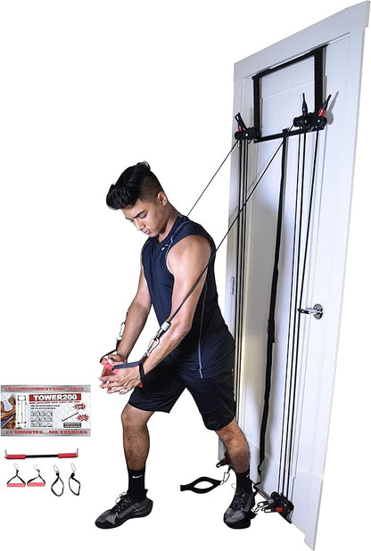 Complete Door Gym Full Body Workout | Home Gym Fitness Exercise System Total Body Strength Training | Includes Heavy Duty Resistance Bands, Straight Bar, 2x Hand Grips, 2x Ankles Straps, DVD