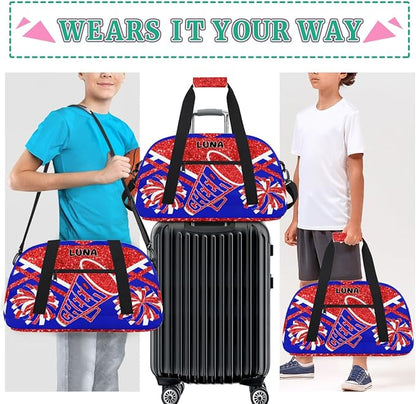 Custom Sports Gym Bag for Girls - Personalized Cheerleading, Dance, Gymnastics, Workout, Travel Overnight Duffel - Small Sleepover Bag, Red Glitters Royal Blue