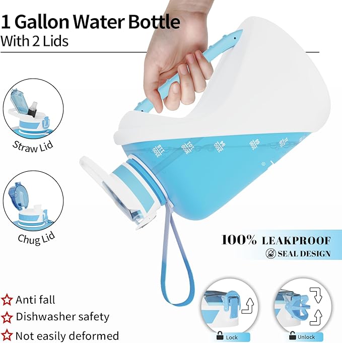 TOOFEEL 1 Gallon Water Bottle with Straw & Chug Lid,BPA Free,Leak-Proof, Dishwasher Safe,128 oz Large Water Jug with Strap,Sports & Travel & Gym Water Bottle for Men and Women - Light Blue and White
