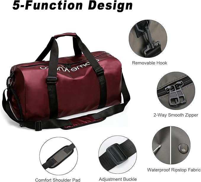 Gym Bag for Men Women Waterproof Duffle Bag with Shoes Compartment and Wet Pocket Multipurpose Sports Weekender Bags for Travel, Sports, Fitness and Workout,Red