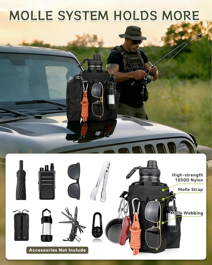 COOLYARD 64 oz Water Bottle Insulated with Sleeve Half Gallon Military Water Jug Metal Gym Water Bottles for Men Women Black
