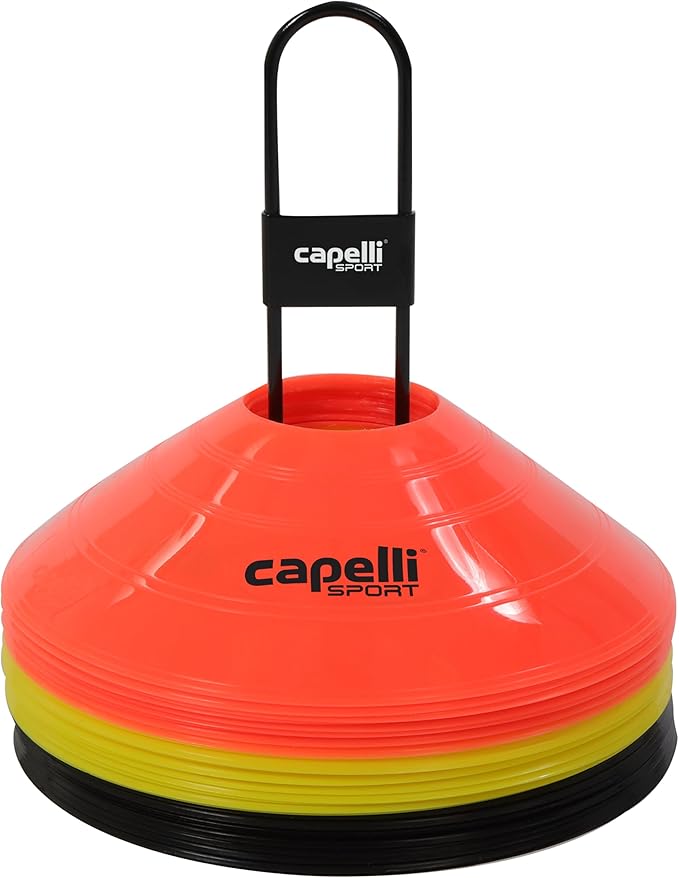 Capelli Sport Training Cones, Set of 30 Agility and Practice Drills Equipment with Metal Carrier for Soccer, Football, Baseball, and Basketball, Multi