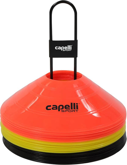 Capelli Sport Training Cones, Set of 30 Agility and Practice Drills Equipment with Metal Carrier for Soccer, Football, Baseball, and Basketball, Multi