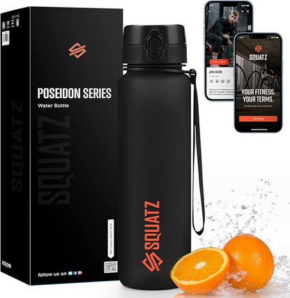 SQUATZ 34 Oz Poseidon Series Frosted Water Bottle - Premium Quality Wide Mouth Gym Flask with Fruit Infuser Strainer, Fixed Carrying Strap, Leak Resistance, and Zero Condensation, Black