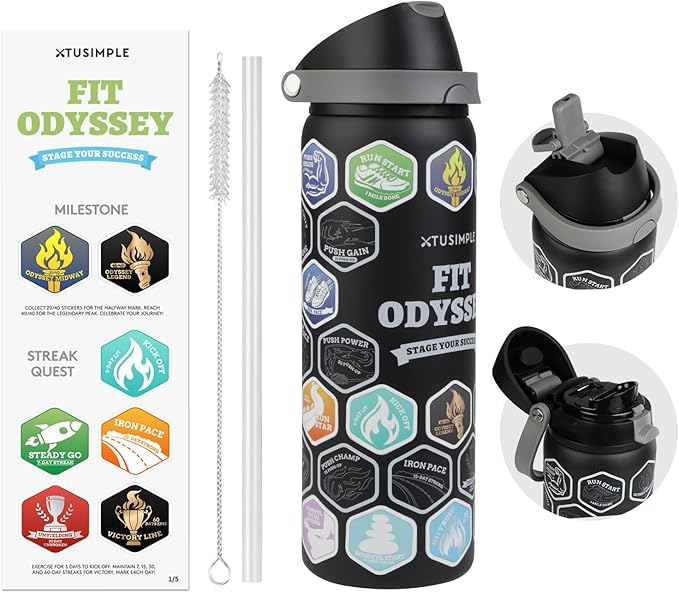 Motivational Insulated Stainless Steel Water Bottle – 2-in-1 Straw & Push-Button Lid, Leakproof, BPA-Free, Keeps Drinks Cold 30H, Perfect for Gym, Sports & Travel (Black, 32 Ounces)