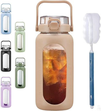BLUEGO 64oz Glass Water Bottles with Straw Time Marker Half Gallon Large Motivational Water Bottle with Silicone Sleeve 2 Liter Large Glass Water Jug for Gym, Sports& Workout, Daily, Amber