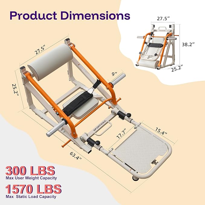 SPORTSOUL Foldable Hip Thrust Machine with Weight Holder, Plate-Loaded Glute Bridge Machine with Band Peg, Heavy Duty Glute Workout Equipment Home Gym for Booty Muscles Building, Adjustable Footboard