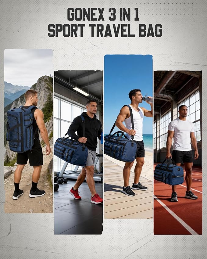 Gonex 45L Duffel Bag for Men, 3 in 1 Convertible Carry Gym Duffle with Shoe Compartment, Tactical Gear Loops, Water-Repellent Lining, Workout & Travel Bag (Dark Blue)