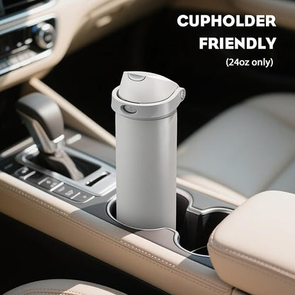 POWCAN 24 oz Metal Water Bottle with Straw for Travel: 100% Leakproof, Quick Open Lid, Keep Cold for 24 Hours, Car Cup Holder Friendly, Insulated Vacuum Flask for Commute, Workouts, Gift (Stone White)