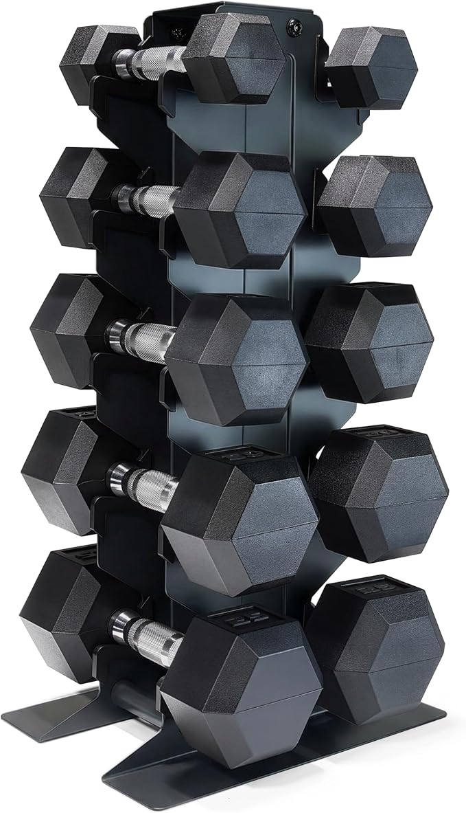 CAP Barbell Rubber Coated Hex Dumbbell Set with Vertical Rack | 100-300 lbs Free Weights Dumbbells Set for Home Gym | Multiple Options