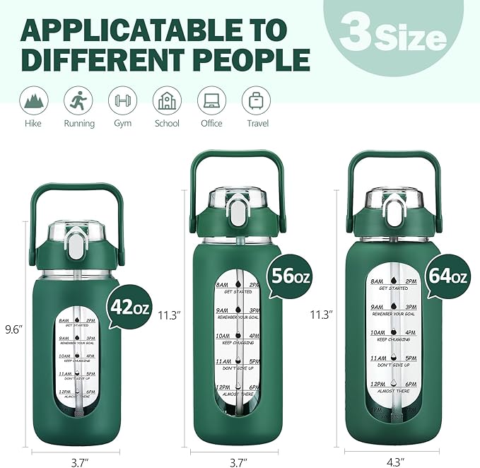 kytffu 64oz Glass Water Bottles with Straw, Half Gallon Motivational Glass Bottle with Silicone Sleeve and Time Marker, 2L Leakproof Large Glass Water Jug for Gym Home Office, Ink Green
