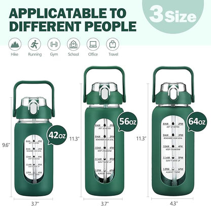 kytffu 64oz Glass Water Bottles with Straw, Half Gallon Motivational Glass Bottle with Silicone Sleeve and Time Marker, 2L Leakproof Large Glass Water Jug for Gym Home Office, Ink Green