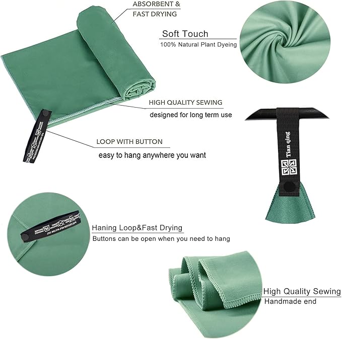 Tian qing Microfiber Camping Towel Set, 2 Pieces, Fast Drying, Soft Touch, Lightweight, Multiple Sizes for Beach, Gym,Hiking, Pool, Yoga,Travel,Turquoise