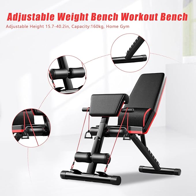 Weight Bench Adjustable, 160KG/350LB Strength Training Sit Up Bench for Full Body Workout, Incline Decline Bench Leg Extension Machine with 7-Level Backrest for Home Gym