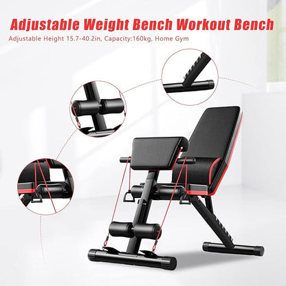 Weight Bench Adjustable, 160KG/350LB Strength Training Sit Up Bench for Full Body Workout, Incline Decline Bench Leg Extension Machine with 7-Level Backrest for Home Gym