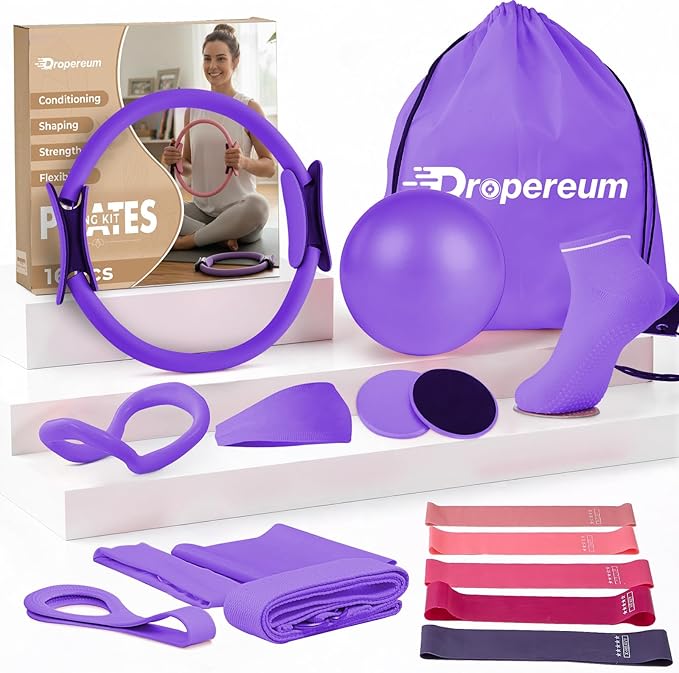 Pilates Kit for Women – 16PCS Home Pilates Workout Kit for Beginners, Pilates Ring Set with Ball, Resistance Bands & Accessories, Full Body Toning Equipment for Home Workouts