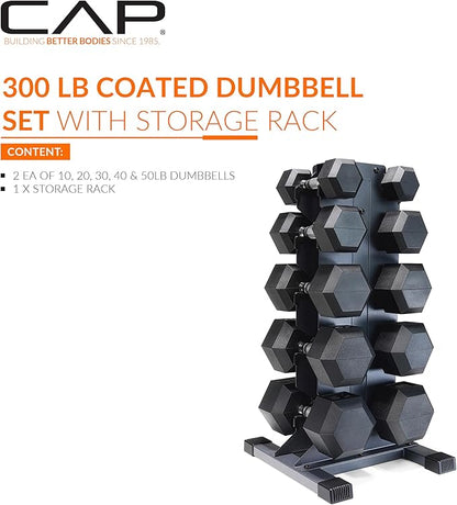 CAP Barbell Rubber Coated Hex Dumbbell Set with Vertical Rack | 100-300 lbs Free Weights Dumbbells Set for Home Gym | Multiple Options