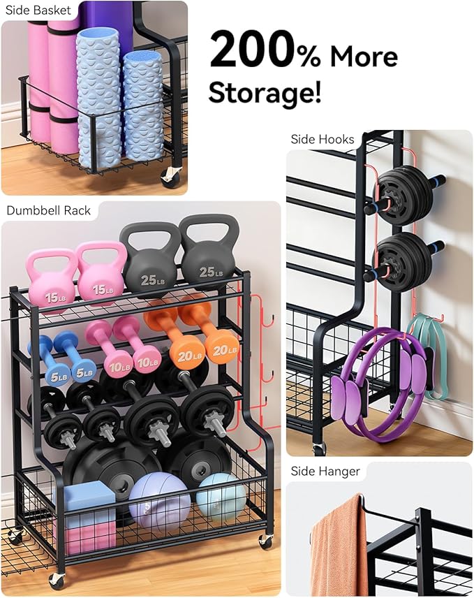 4 Tiers Large Capacity Dumbbell Rack [Thickened High-Strength Steel] Home Gym Storage for Dumbbells Kettlebells Yoga Mat and Balls, All in One Workout Storage Rack with Wheels and Hooks