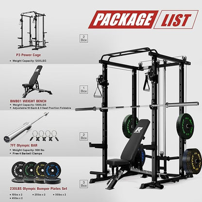 RitFit Multi-Function Garage & Home Gym Package Includes 1200LBS Power Cage PPC03/P3 with Cable Crossover System, Weight Bench, Olympic Barbell Weight Set, Full Body Workout