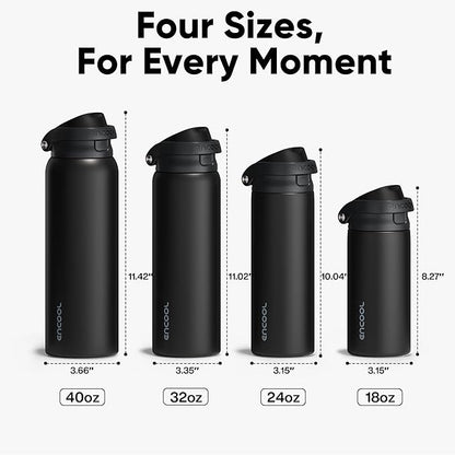 ENCOOL Leakproof Insulated Water Bottle with Straw Dual-Sip Water Bottle Bag-Safe Design for Work, Commute & Gym – Keeps Drinks Cold All Day, 32 oz, Jet Black