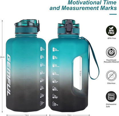 GEMFUL Half Gallon Water Bottle with Time Marker Handle 74oz BPA-Free Leakproof Jug for Gym Hiking Camping 2.2L Motivational Sports Bottle Men Women (Green Black no Straw)