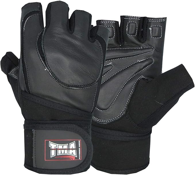TMA Weight Lifting Gloves for Gym Workout – Cowhide Leather, Long Wrist Support with Anti Slip Palm Protection – Great Grip for Fitness, Bodybuilding, Powerlifting, Strength Training & Exercise