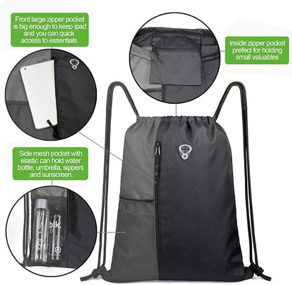 BeeGreem Grey Sport Bag Drawstring Backpack String Bag For Men Women Gym Backpack With Water Bottle Mesh Pockets And Two Zipper Pockets 16" x 20"