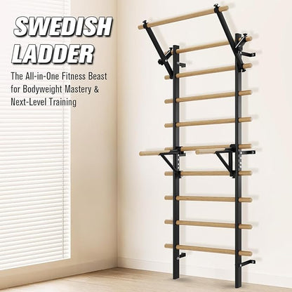 Swedish Ladder Wall Gym, Stall Bar Home Gym with Adjustable Pull-Up Bar, Dip Bar Attachments & 2pcs Resistance Band, 9 Strategic Rods for Core Strengthening and Stretching Balanced for Body Exercise