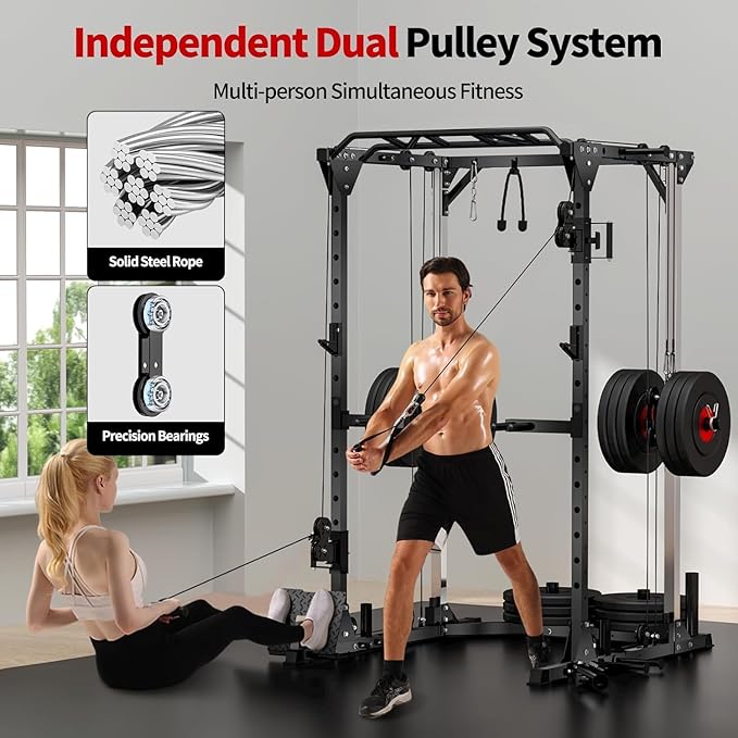 JEEKEE Power Cage with Cable Crossover System, 2000LB Multi-Function Power Rack with Independent Dual Pulleys, LAT Pulldown Seat Cushion, 20+ Attachments Squat Rack for Home Gym Workout