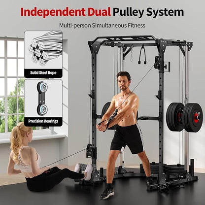 JEEKEE Power Cage with Cable Crossover System, 2000LB Multi-Function Power Rack with Independent Dual Pulleys, LAT Pulldown Seat Cushion, 20+ Attachments Squat Rack for Home Gym Workout