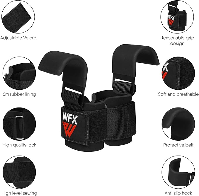 Weight Lifting Hooks, Non-Slip Rubber Coated Grips, 7mm Neoprene Wrist Support Padding, Power Lifting Barbell Rows Dead Lifts Chin Pull Up Fitness Strength Training Straps Gym Workout Straps