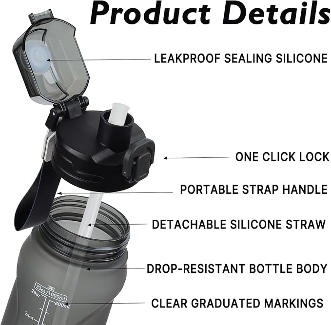 32oz Sports Water Bottle with Detachable Straw (Sip & Chug), Motivational Water Bottle with Capacity Marker, Leakproof Drinking Water Bottle with Strap for Travel Fitness Gym Outdoor (Black)