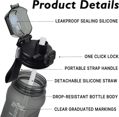 32oz Sports Water Bottle with Detachable Straw (Sip & Chug), Motivational Water Bottle with Capacity Marker, Leakproof Drinking Water Bottle with Strap for Travel Fitness Gym Outdoor (Black)