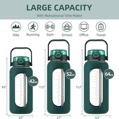 SIEROZUR 64 oz Glass Water Bottle with Straw and Handle Lid Half Gallon Motivational Glass Bottle with Silicone Sleeve and Time Marker Large Reusable Sports Water Jug for Gym Home Workout