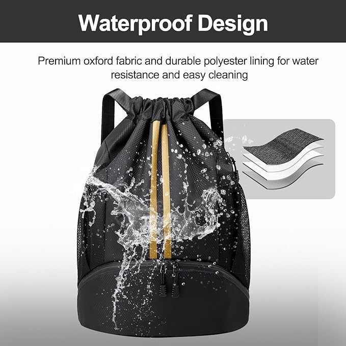 Hoedia Sports Drawstring Backpack - String Swim Gym Bag with Shoes Compartment and Wet Proof Pocket for Women&Men, Black Gold