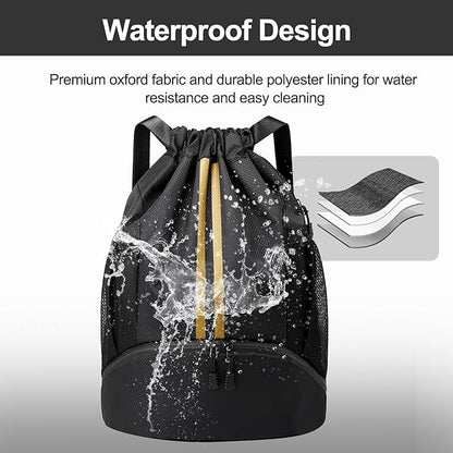 Hoedia Sports Drawstring Backpack - String Swim Gym Bag with Shoes Compartment and Wet Proof Pocket for Women&Men, Black Gold