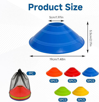 Soccer Cones for Sports Training with Mesh Carry Bag, Multi-Color Agility Disc Cones for Football Basketball Drills, 7.5 Inch Flexible Plastic Field Markers for Kids & Adults