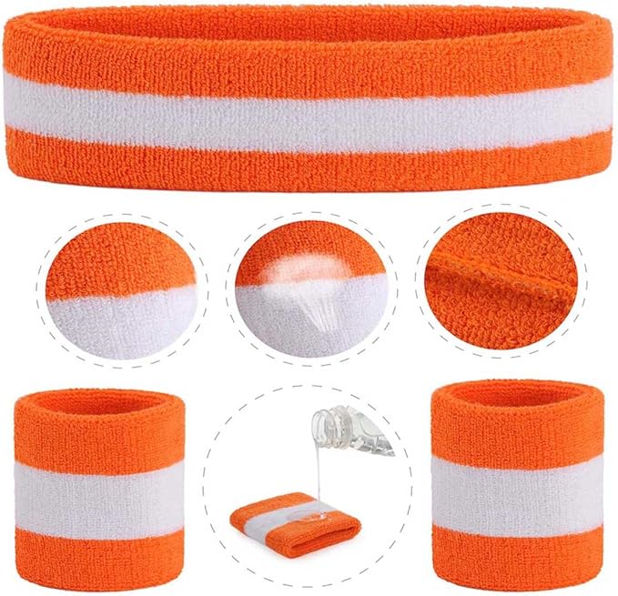 ONUPGO Sweatband Set Sports Headband Wristband Set Sweatbands Terry Cloth Wristband Wrist Sweatband Headbands Moisture Wicking Sweat Absorbing Head Band