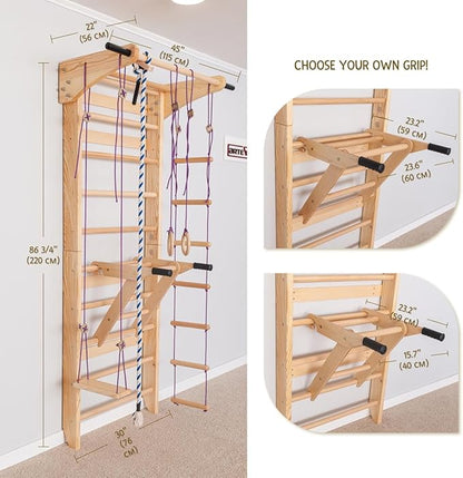 Swedish Ladder Wall Bars with Pull-Up Bar & Dip Station – Wooden Stall Bars, Multifunctional Home Gym Wall Ladder for Strength Training & Stretching