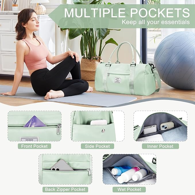 Gym Bag for Women Men with Shoes Compartment,Sports Duffle Bag Personal item travel Duffel Bags Tote Bag Small Carry on Weekender Overnight Bag Workout Dance Bag Hospital Holdalls Mint Green