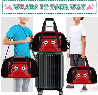 Sports Duffel Bags, Gym Black Red Soccer Net Weekender Overnight Sleepover Bag Waterproof Training Duffel Bag for Travel